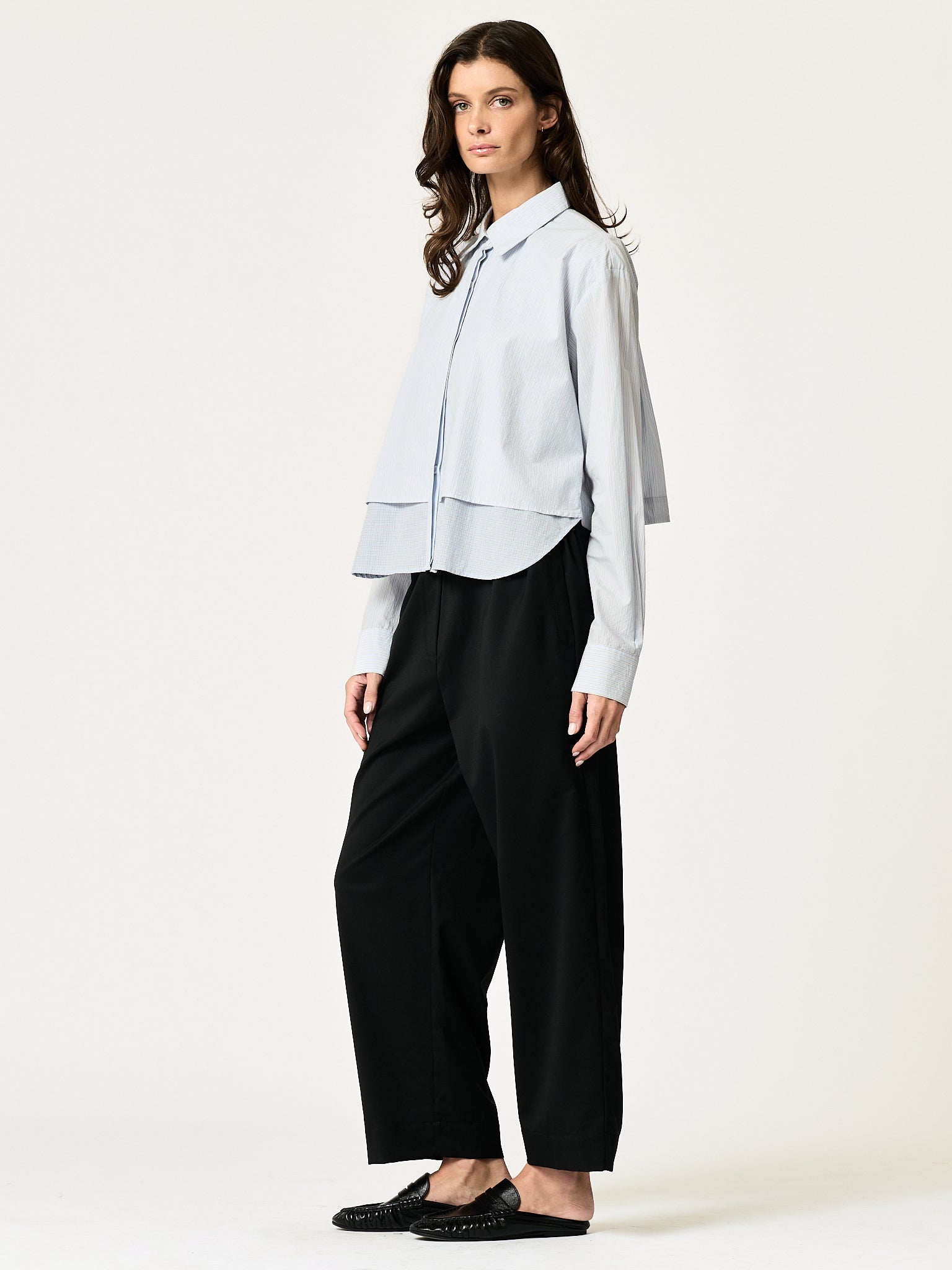 SECULAR Collins Shirt in Blue Stripe, front view on model with layered hem