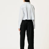 SECULAR Collins Shirt in Blue Stripe, back view on model