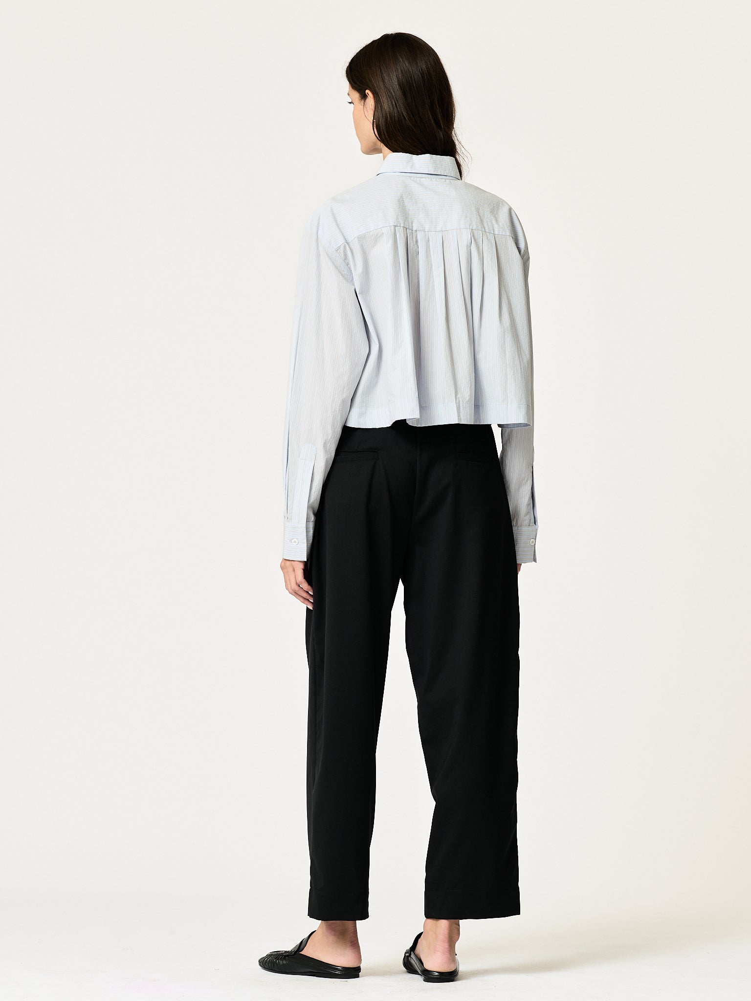SECULAR Collins Shirt in Blue Stripe, back view on model