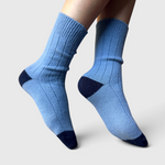 JONES + CO Le Bon Shoppe Classic Cashmere Socks in Bluebell blue, detail of the wide rib cashmere blend knit.