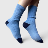 JONES + CO Le Bon Shoppe Classic Cashmere Socks in Bluebell blue, detail of the wide rib cashmere blend knit.