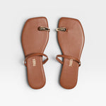 JONES + CO Colette Sandal in Au Naturale brown leather with gold toe ring detail and thin ankle strap.