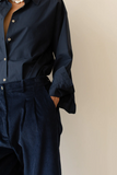 Cord Pleated Trouser in Navy with navy top