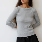 The Baby Rib Boat Neck - Heather Grey on model 