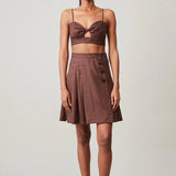 Zoomed out view of Carla Bralette - Chocolate Linen with Toshi Skirt
