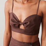 Side angle view of Carla Bralette - Chocolate Linen