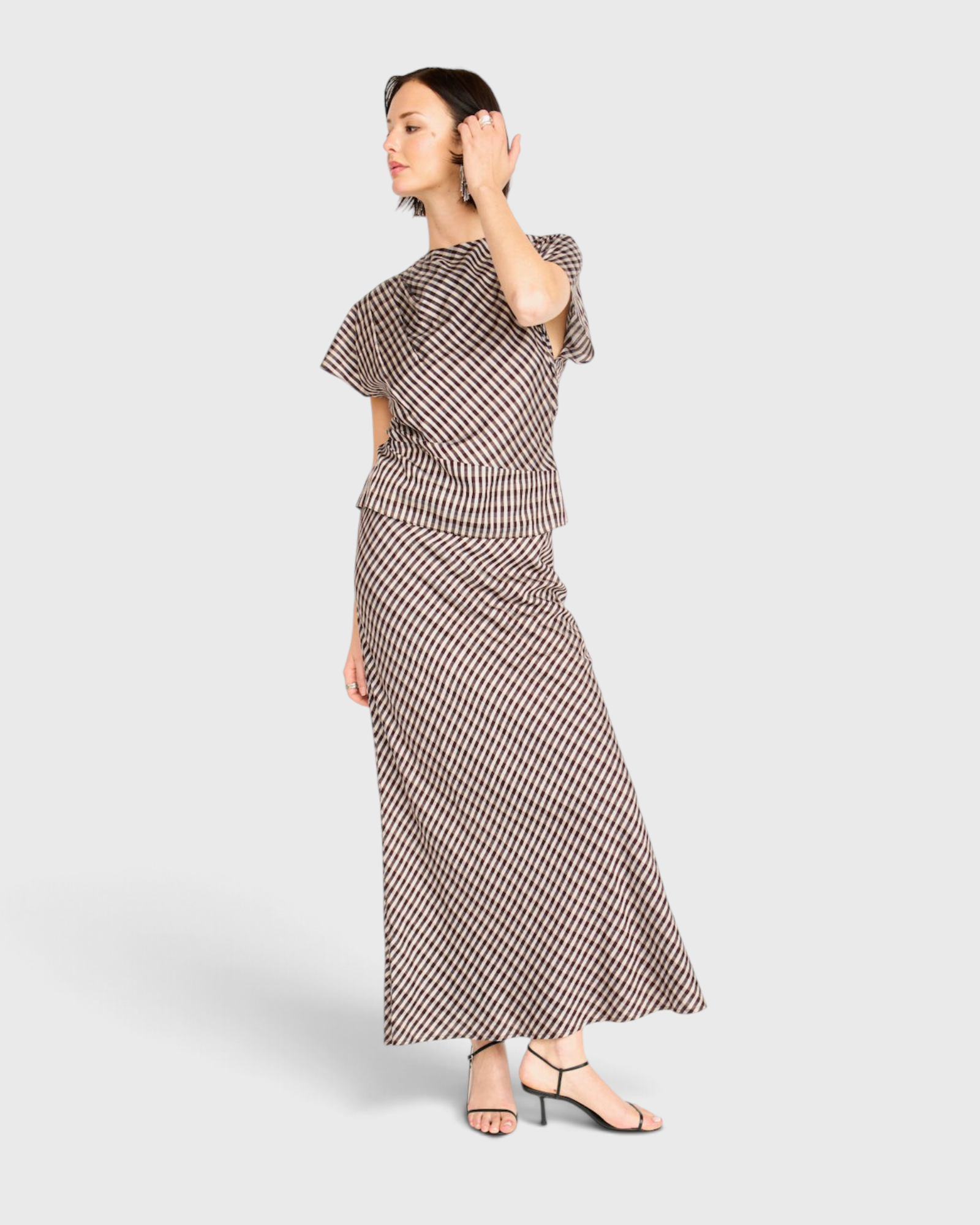 MIRTH Santander Silk Skirt in Shadowline Plaid — worn, three-quarter view