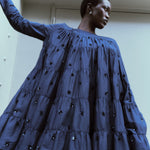 Merlette Soliman Embellished Dress in Navy - campaign image showing the sequin and bead floral embroidery in detail