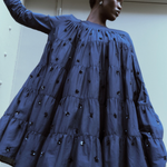 Merlette Soliman Embellished Dress in Navy - campaign image showing the sequin and bead floral embroidery in detail