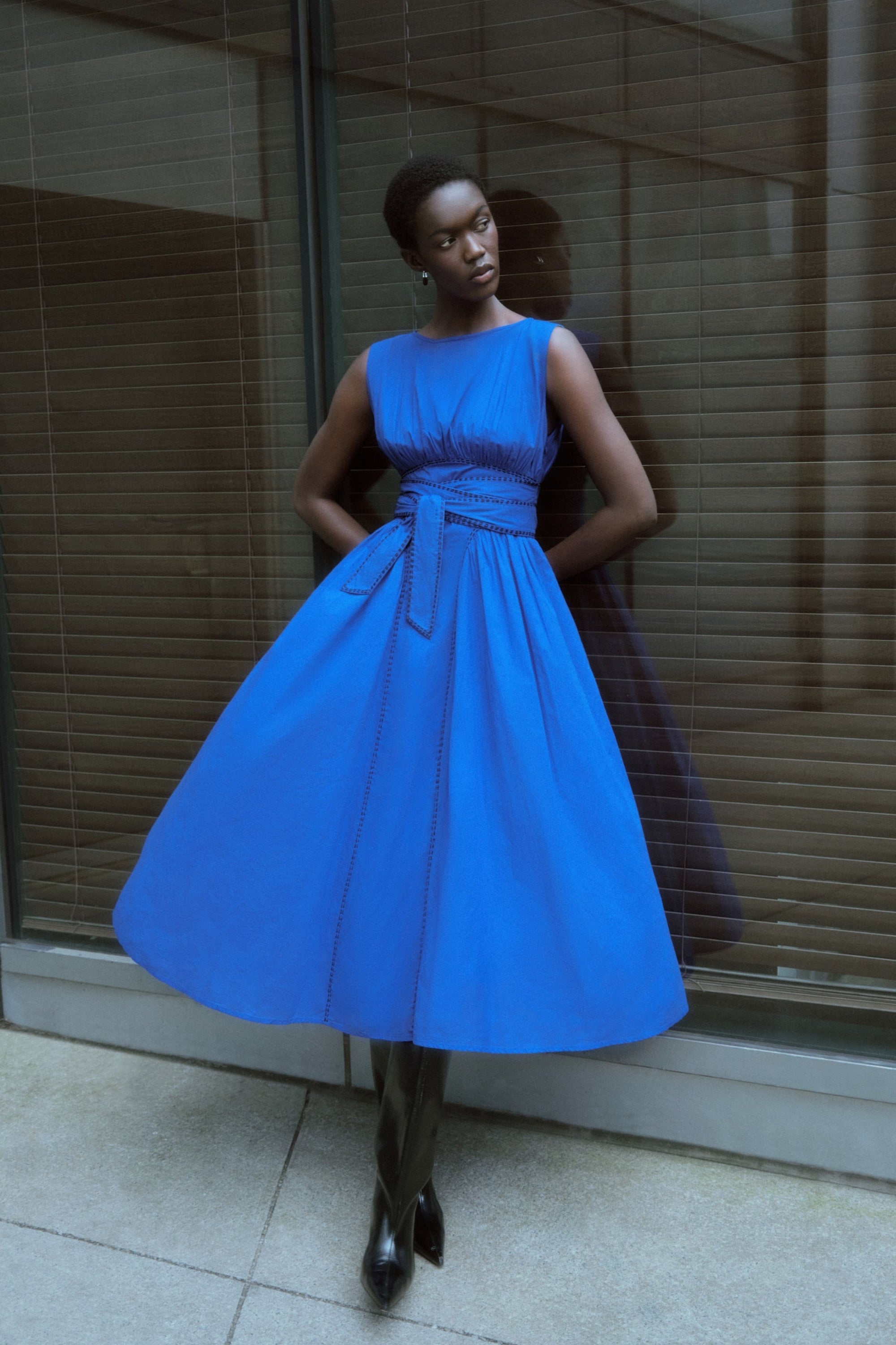 Merlette Verena Dress in Ultramarine — campaign image of the dress worn on location