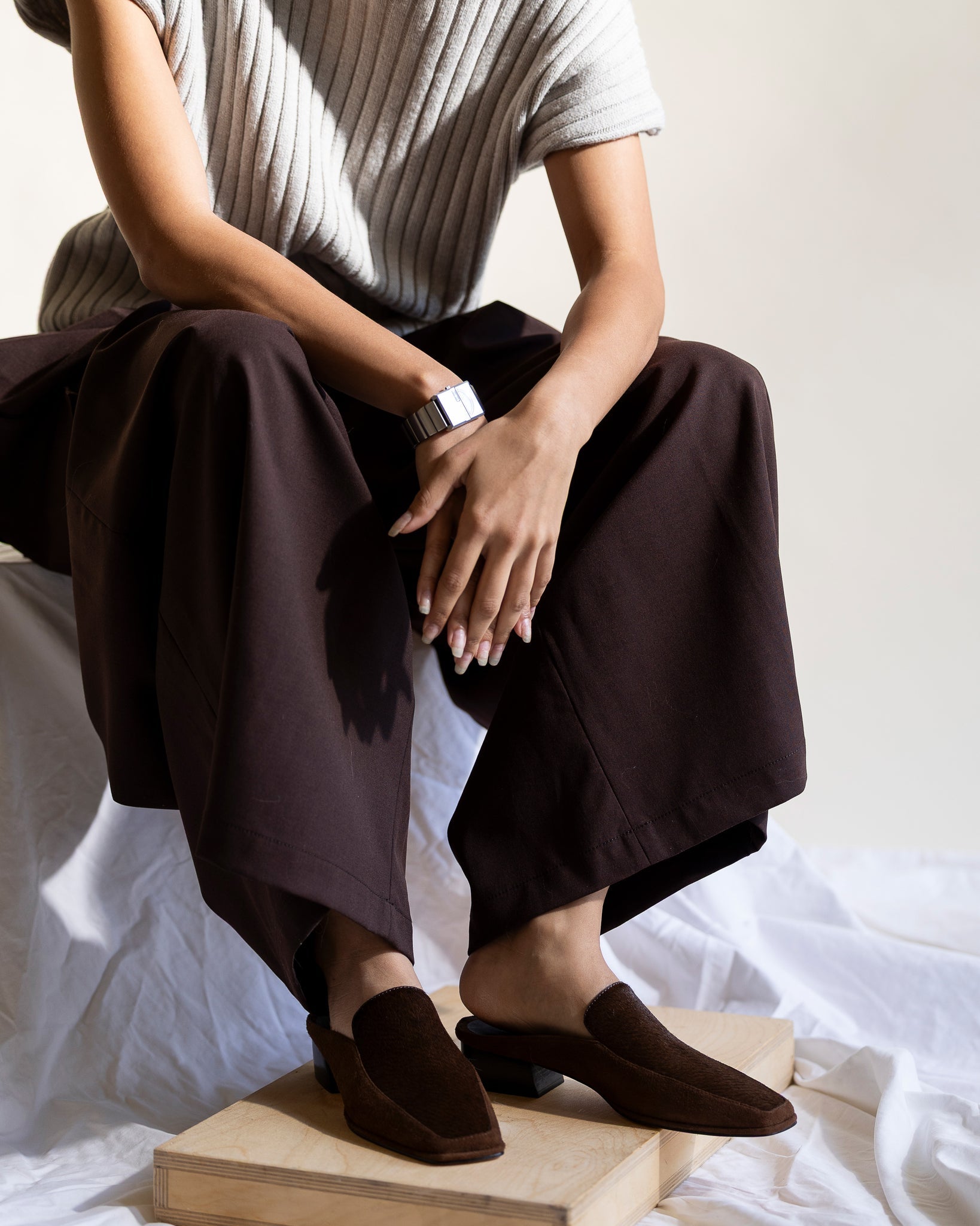 Huma Blanco Felix Loafer Mule in Chocolate Calf Hair - detail view