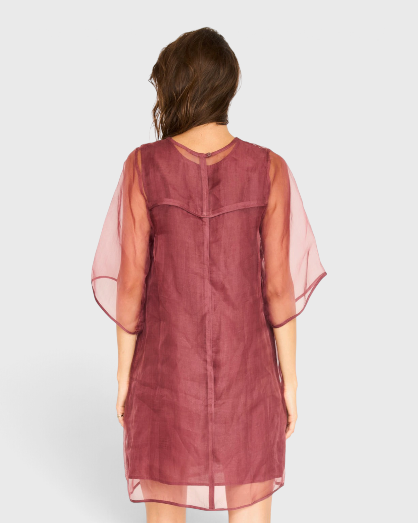 MIRTH Umbria Organza Dress in Dark Cerise — worn, back view