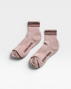 JONES + CO Le Bon Shoppe Girlfriend Socks in Bellini peach with contrast varsity stripes.