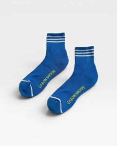 JONES + CO Le Bon Shoppe Girlfriend Socks in Royal Blue with contrast varsity stripes.