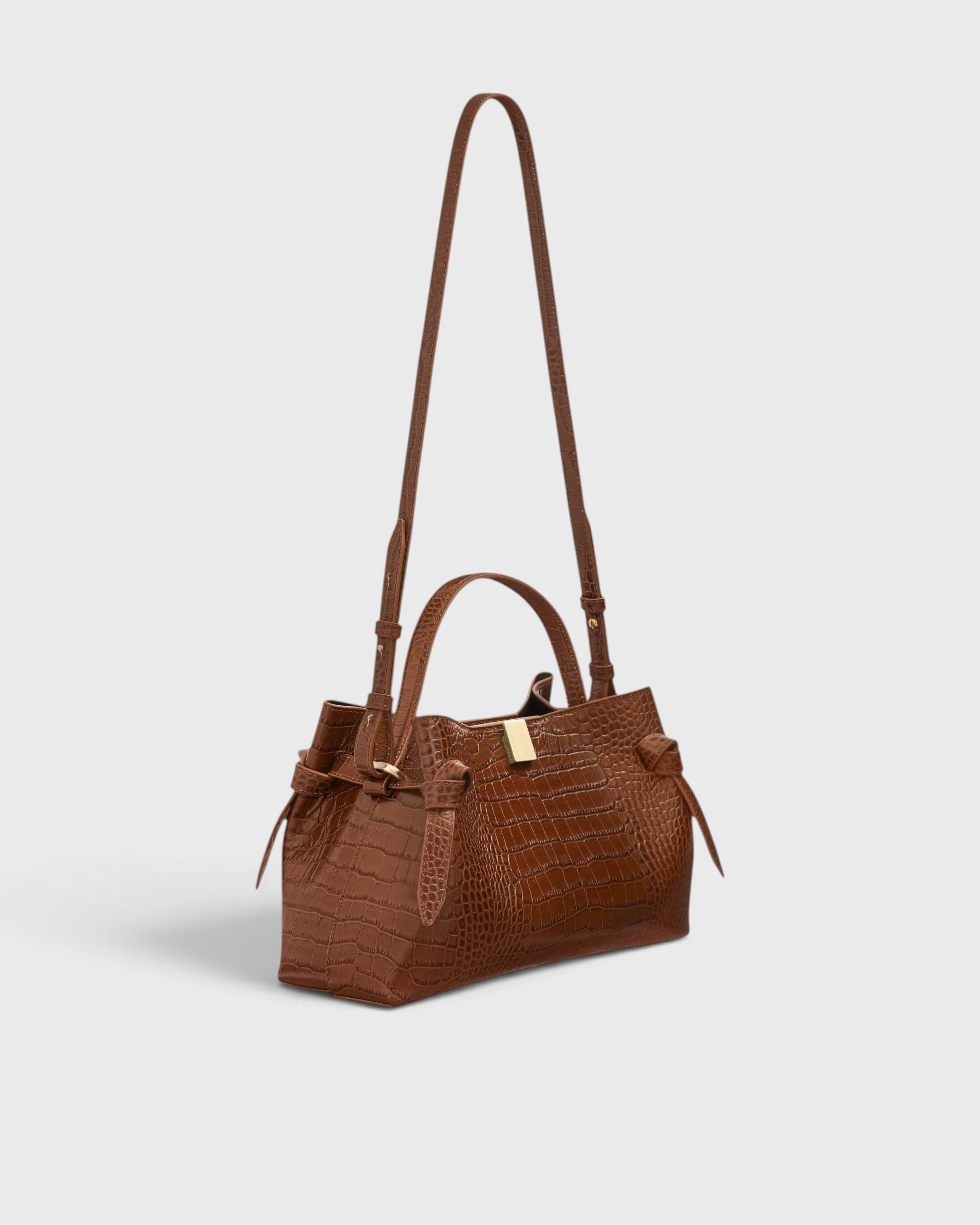 JONES + CO Gyoza pouch in brown Sierra embossed leather with a structured silhouette and gold hardware detail.