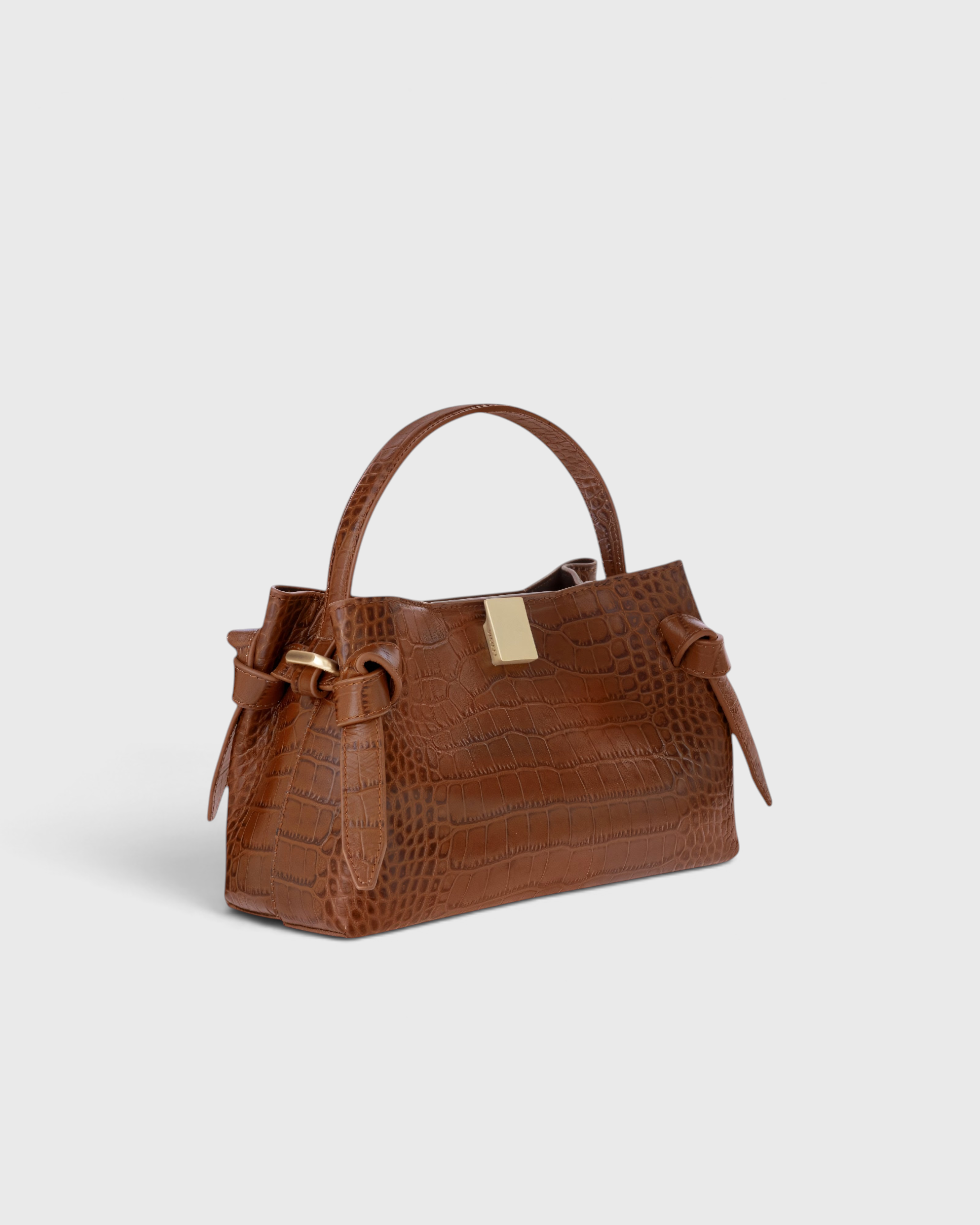 JONES + CO Gyoza Mini handbag in Sierra brown embossed Italian leather with gold-tone hardware and top handle.