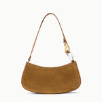 STAUD Ollie Bag in Cigar, tobacco suede crescent shoulder bag with two-tone gold and silver link hardware