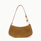 STAUD Ollie Bag in Cigar, tobacco suede crescent shoulder bag with two-tone gold and silver link hardware