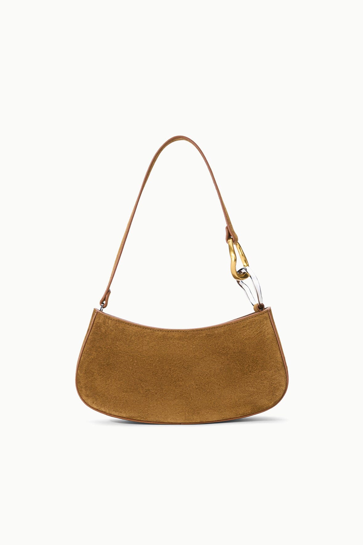 STAUD Ollie Bag in Cigar, tobacco suede crescent shoulder bag with two-tone gold and silver link hardware