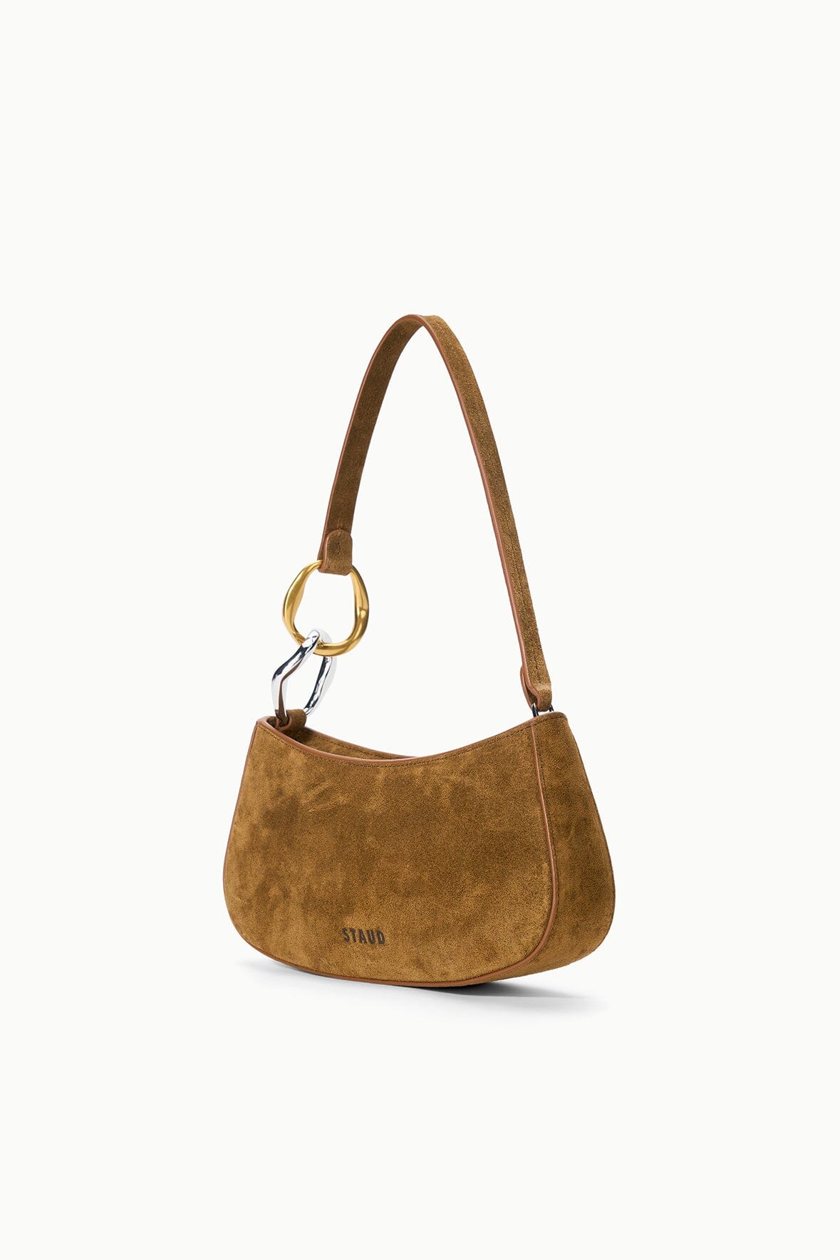 Three-quarter view of the STAUD Ollie Bag in Cigar suede with polished leather trim