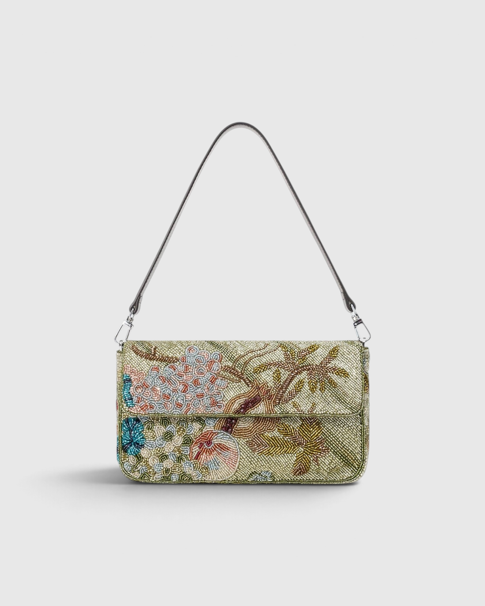 STAUD Timmy Convertible Shoulder Bag in Still Life Fruit - beaded green bag with fruit and floral motif