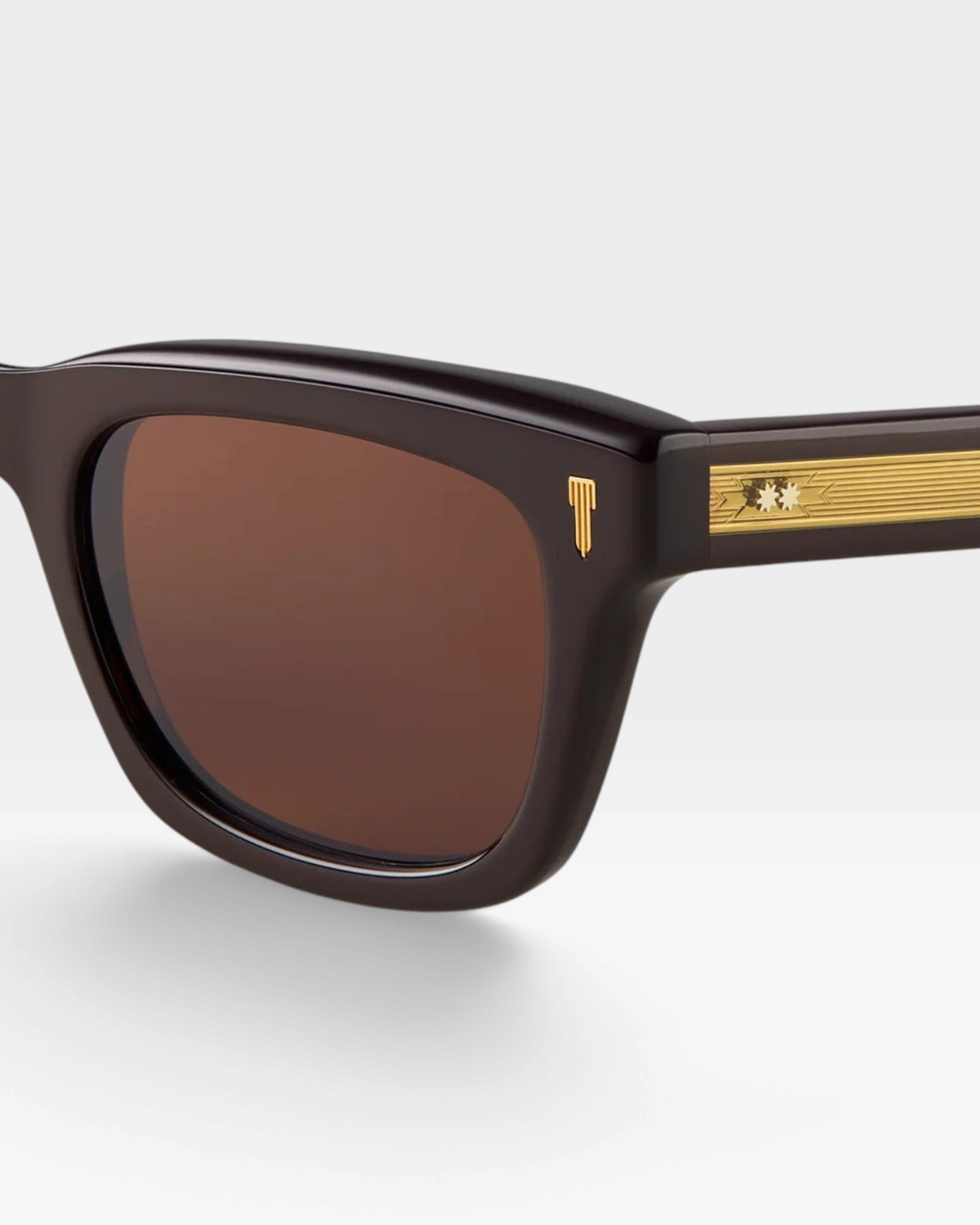 JONES + CO Hopkins cat-eye sunglasses in dark brown acetate with sepia lenses and gold temple hardware.