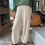 JONES + CO Le Bon Shoppe Balloon Pants in Naturel cotton, front view on a model.