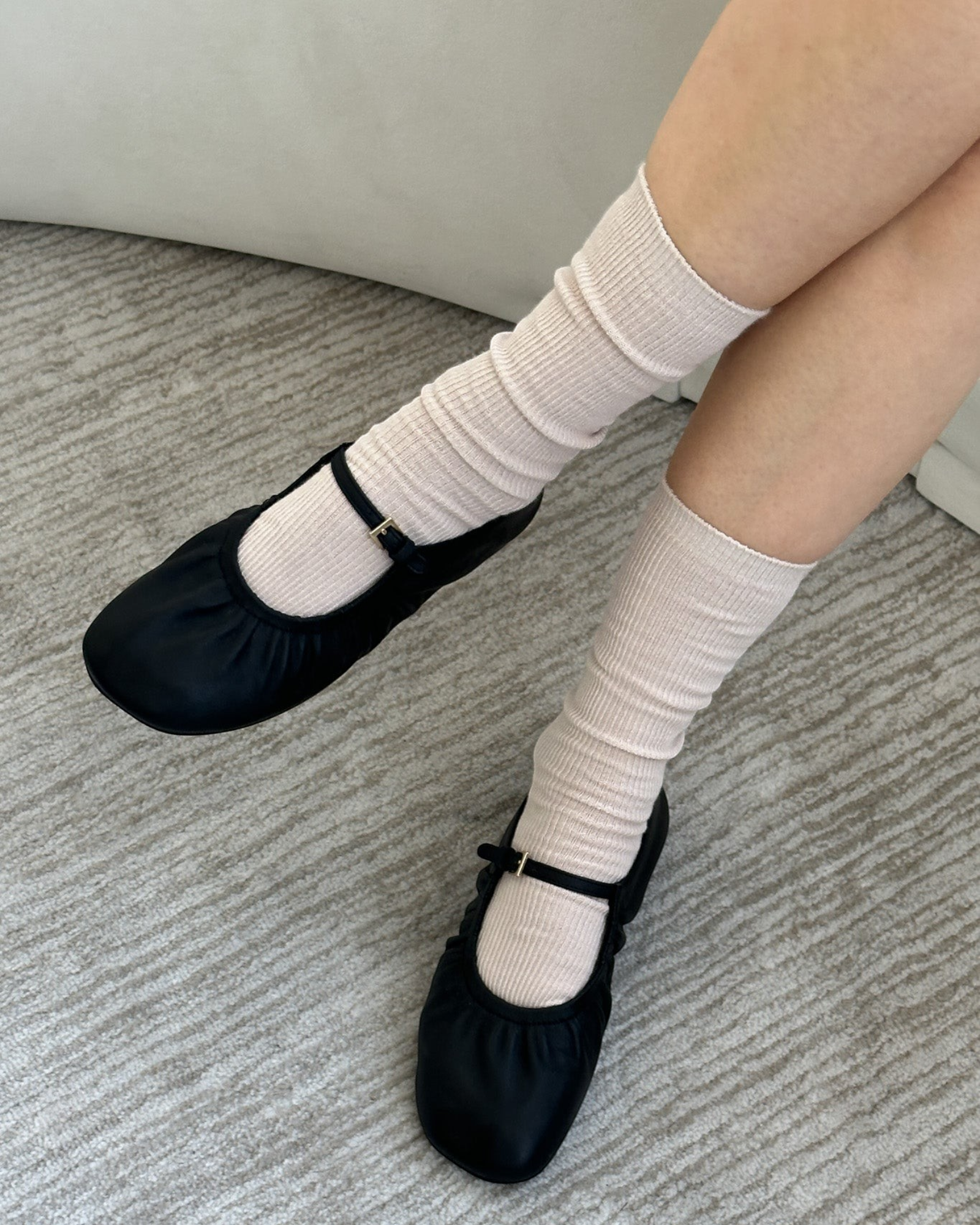 JONES + CO Le Bon Shoppe Trouser Socks in Eggnog cream, styled with dress shoes.