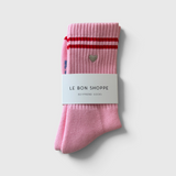 JONES + CO Le Bon Shoppe Embroidered Boyfriend Socks in Amour Pink, a cotton blend crew sock worn on a model.