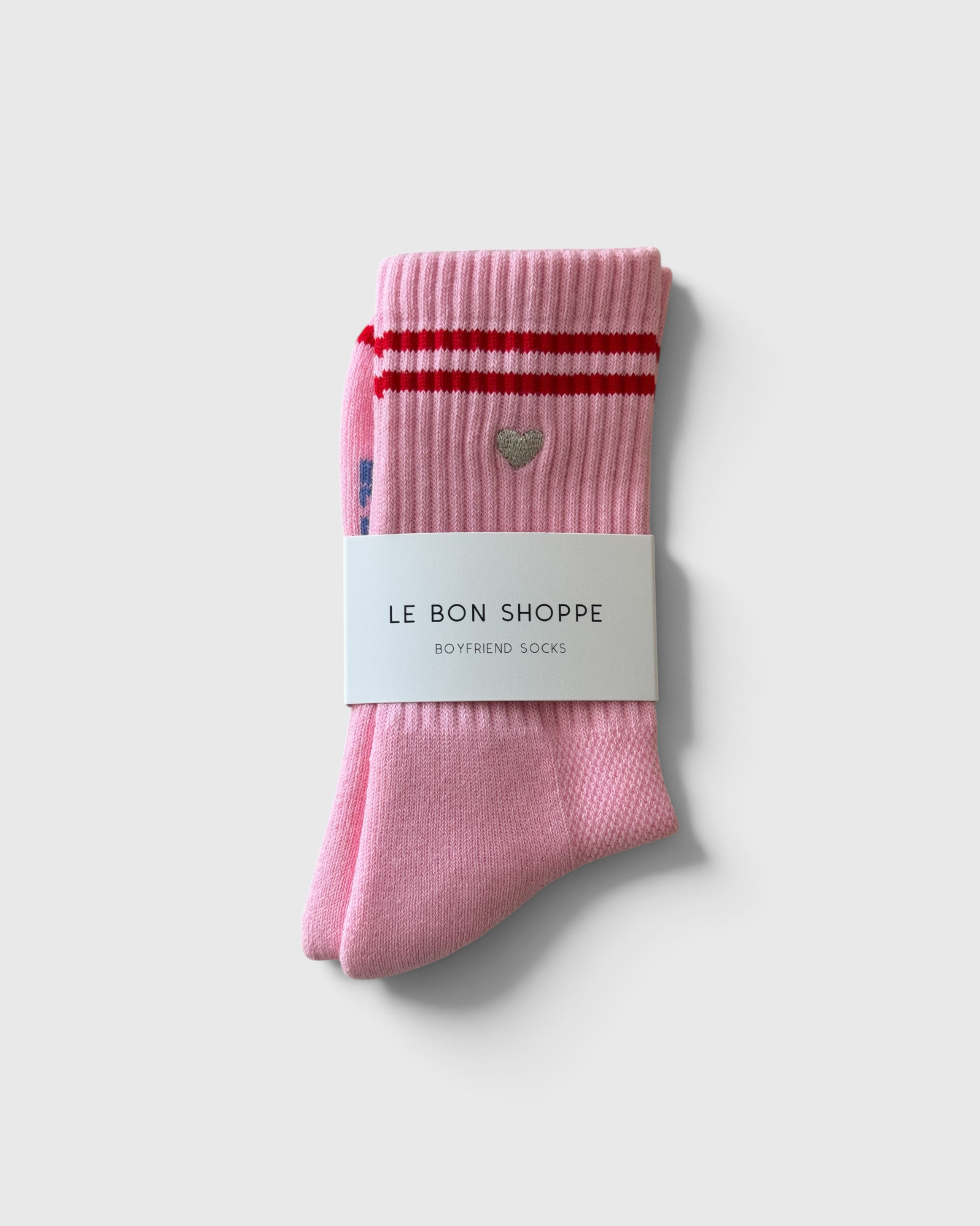 JONES + CO Le Bon Shoppe Embroidered Boyfriend Socks in Amour Pink, a cotton blend crew sock worn on a model.
