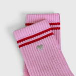 JONES + CO Le Bon Shoppe Embroidered Boyfriend Socks in Amour Pink, detail of the embroidered heart below the stripes.