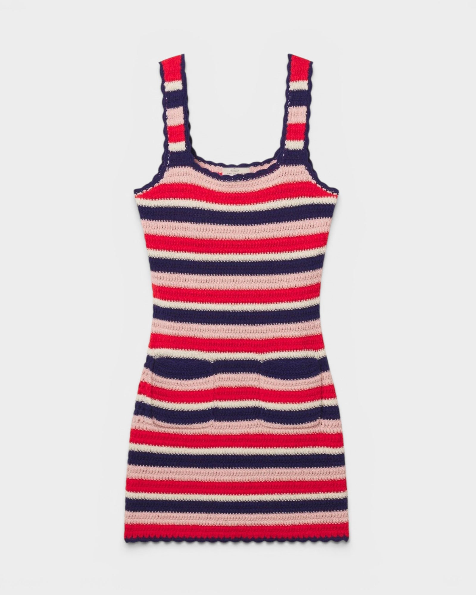 Striped dress with red, blue, and beige pattern on a white background