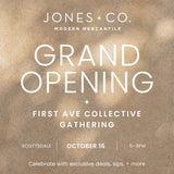 Promotional flyer for Jones + Co. Grand Opening and First Ave Collective Gathering with a brown textured background.