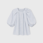 JONES + CO Lanson white cotton top featuring short bubble sleeves and elegant ruching detail at the crew neckline.