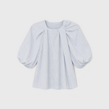 JONES + CO Lanson white cotton top featuring short bubble sleeves and elegant ruching detail at the crew neckline.