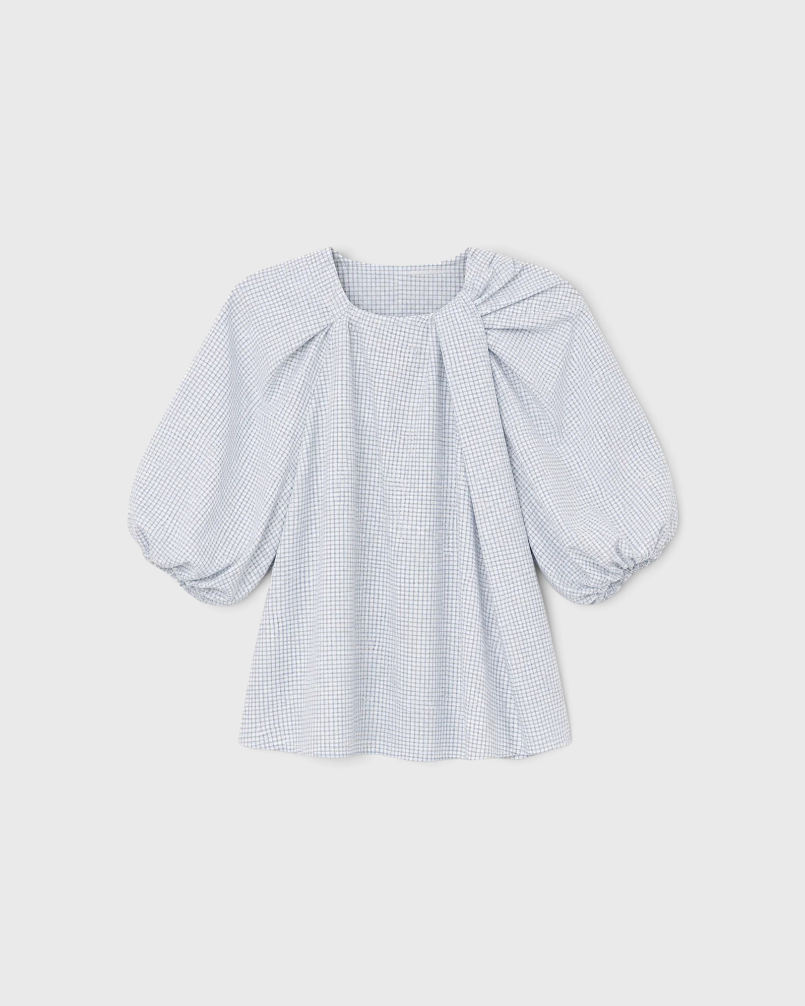 JONES + CO Lanson white cotton top featuring short bubble sleeves and elegant ruching detail at the crew neckline.