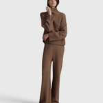VIR VITA Magda Cashmere Pant in Toasted Walnut on model, styled with a matching turtleneck sweater