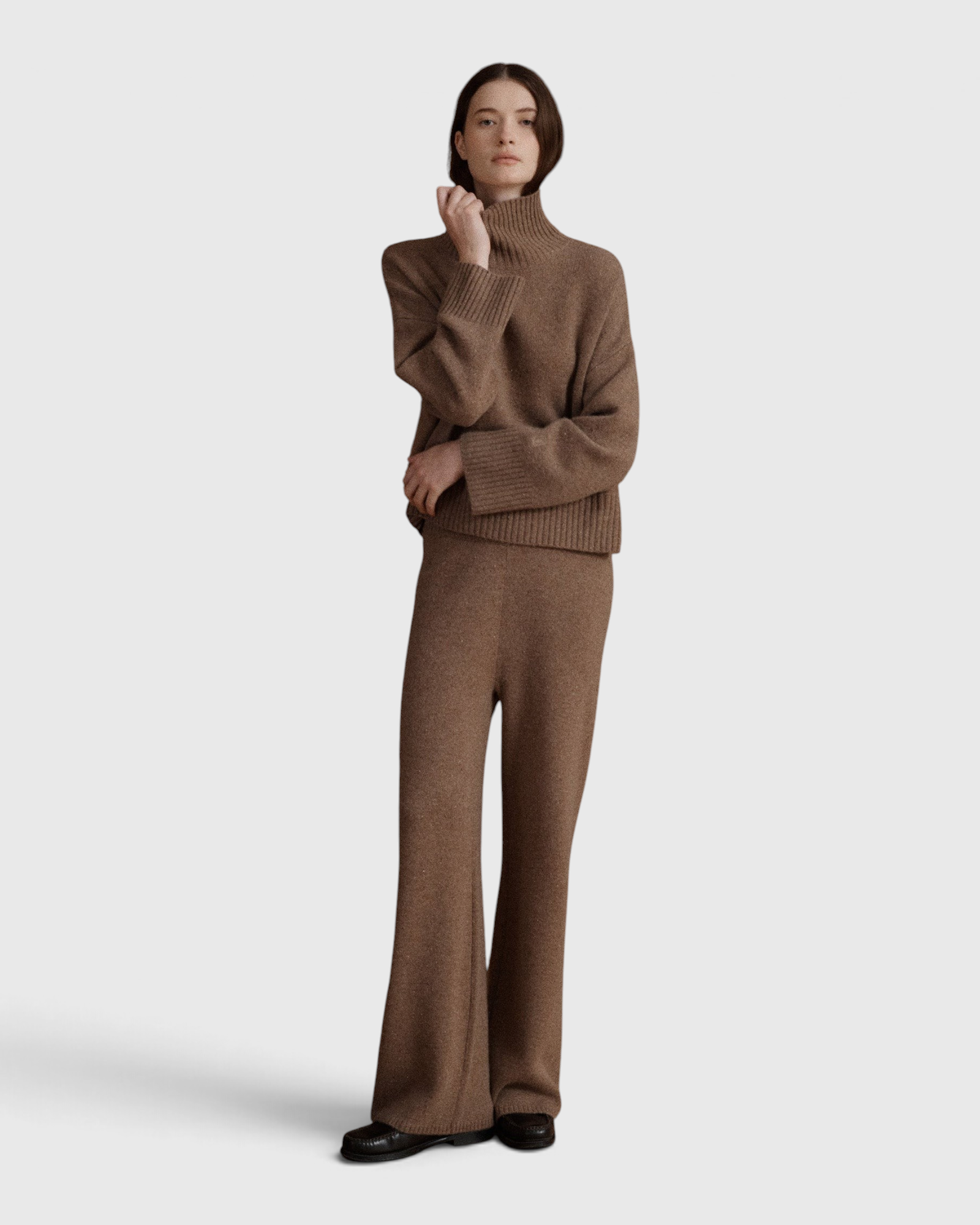 VIR VITA Magda Cashmere Pant in Toasted Walnut on model, styled with a matching turtleneck sweater