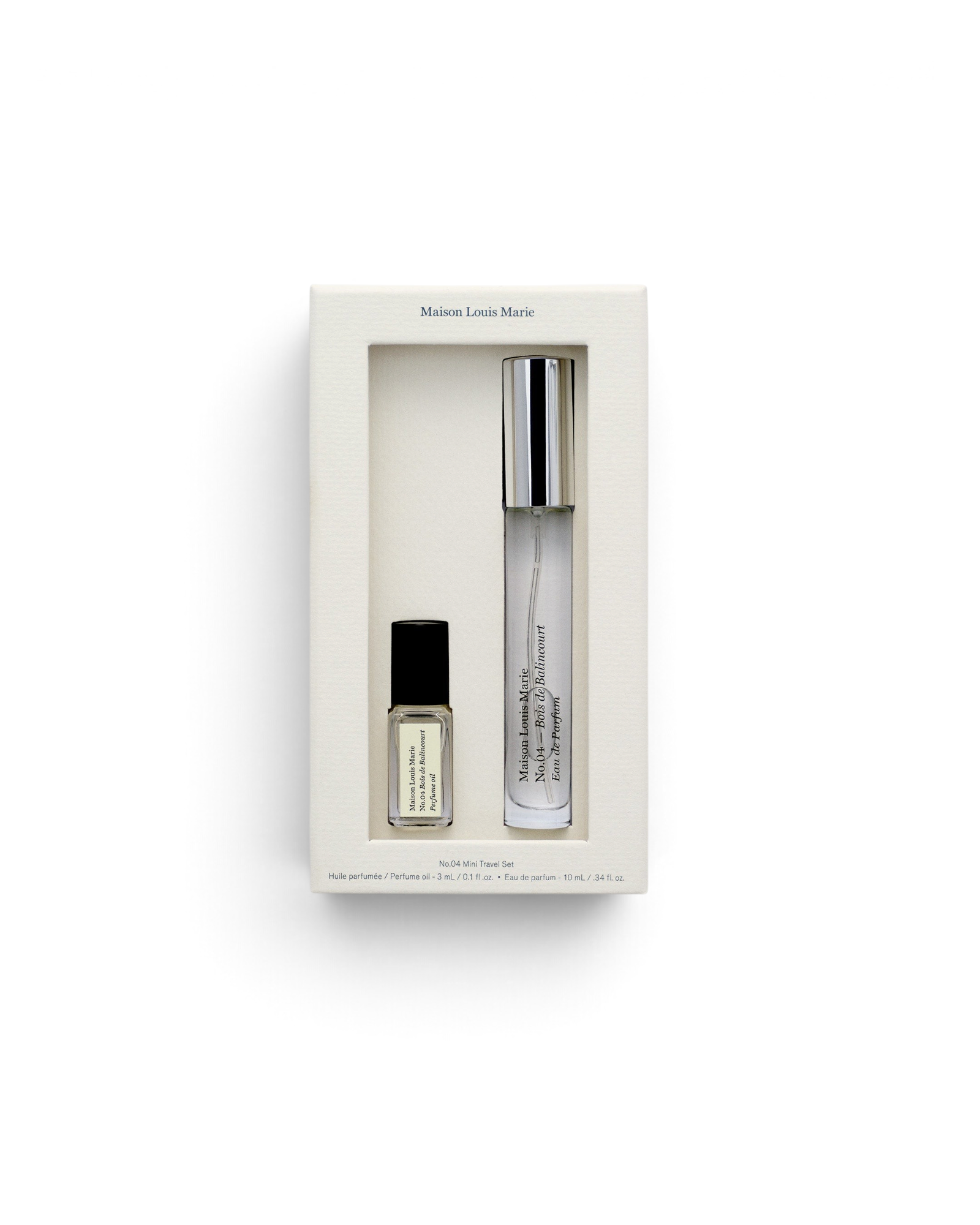 Maison Louis Marie No.04 Bois de Balincourt Mini Travel Set — travel spray and oil roller with box