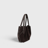 JONES + CO Mini Scallop Tote in ganache brown Italian suede with silver-tone hardware and sculptural top handles.