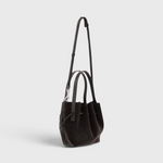 JONES + CO Mini Scallop Tote in ganache brown suede with silver-tone hardware and adjustable shoulder strap