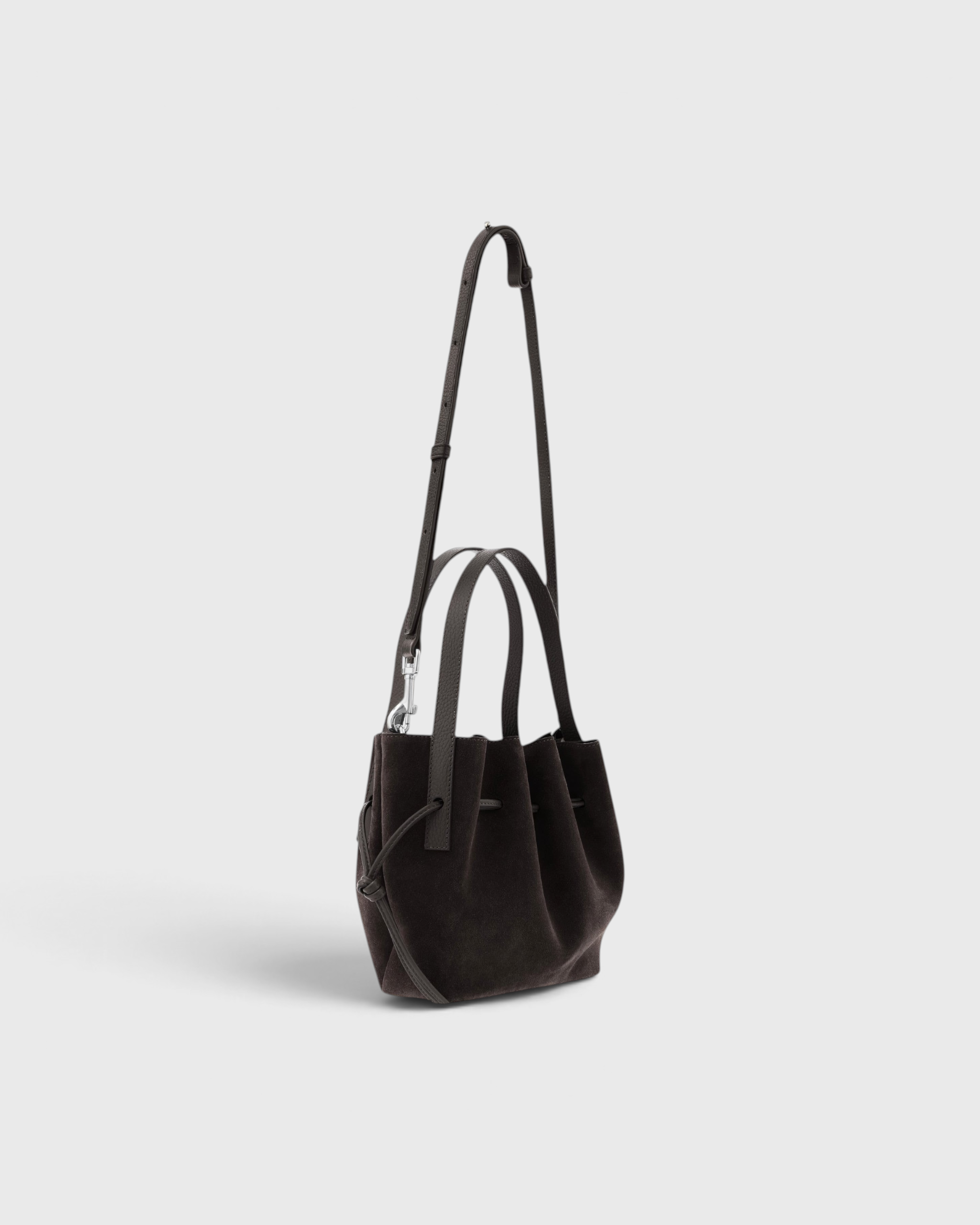 JONES + CO Mini Scallop Tote in ganache brown suede with silver-tone hardware and adjustable shoulder strap