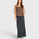 MIRTH Organza Field Top in Cocoa — worn front view over a navy skirt