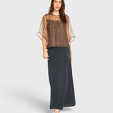 MIRTH Organza Field Top in Cocoa — worn front view over a navy skirt