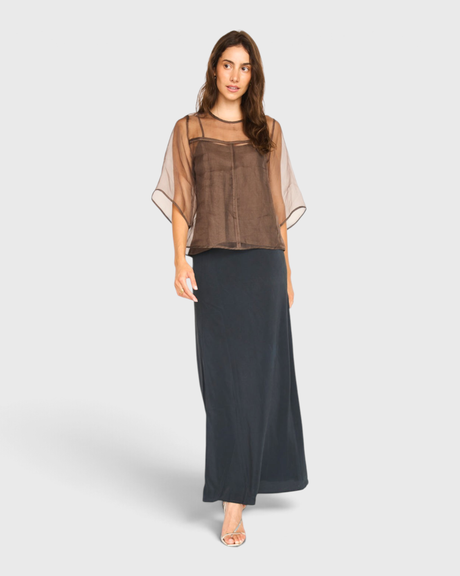 MIRTH Organza Field Top in Cocoa — worn front view over a navy skirt
