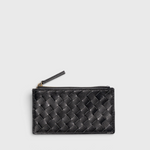 JONES + CO Odin black woven leather card case with a zip pouch, minimalist design on a white background.