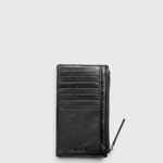 JONES + CO Odin black leather card case with seven slots and a side zip pouch for coins and bills.
