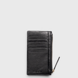 JONES + CO Odin black leather card case with seven slots and a side zip pouch for coins and bills.