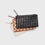 JONES + CO Odin card cases in black, tan, and white woven leather with zip pouches and minimalist slim design.