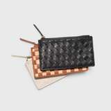 JONES + CO Odin card cases in black, tan, and white woven leather with zip pouches and minimalist slim design.